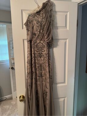 Adrianna Papell Gray One-Shoulder Beaded Evening Gown